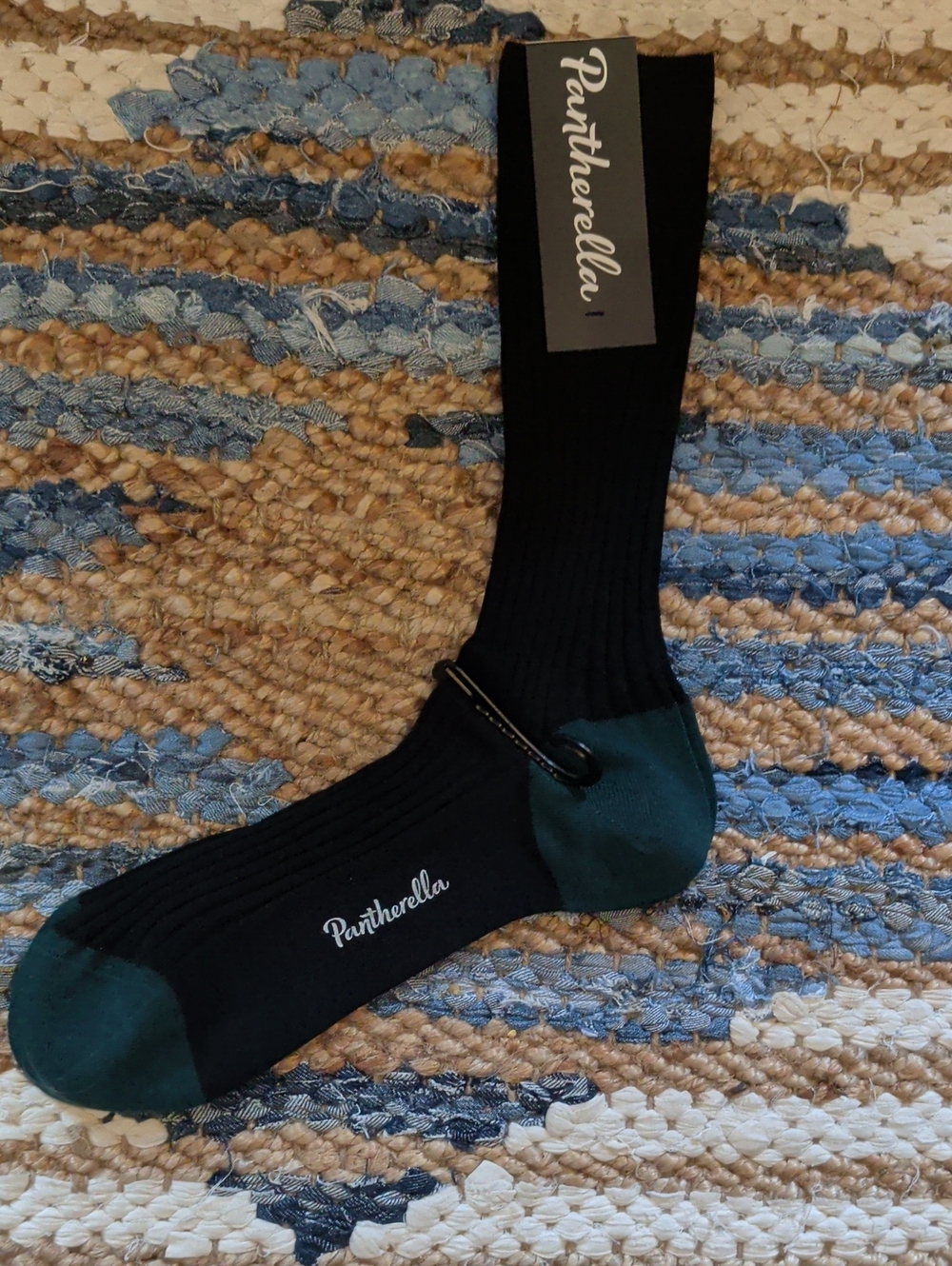 Pantherella Black Ribbed Socks with Dark Green Heel & Toe